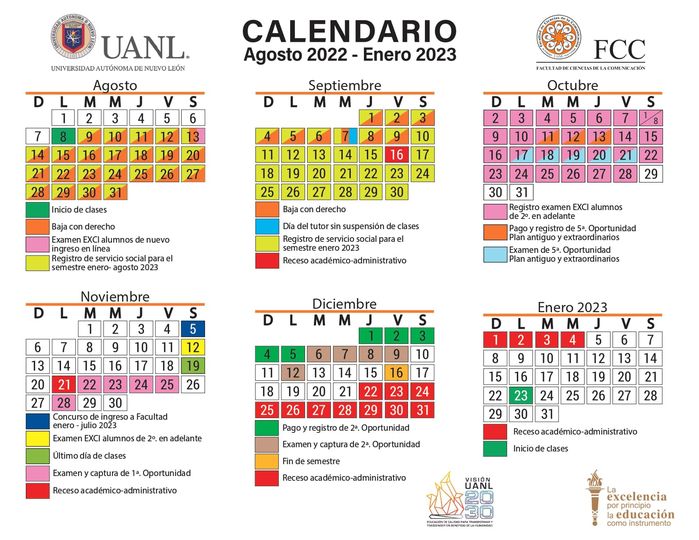 Calendario FCC, UANL, agosto 2022 enero 2023 Communicare